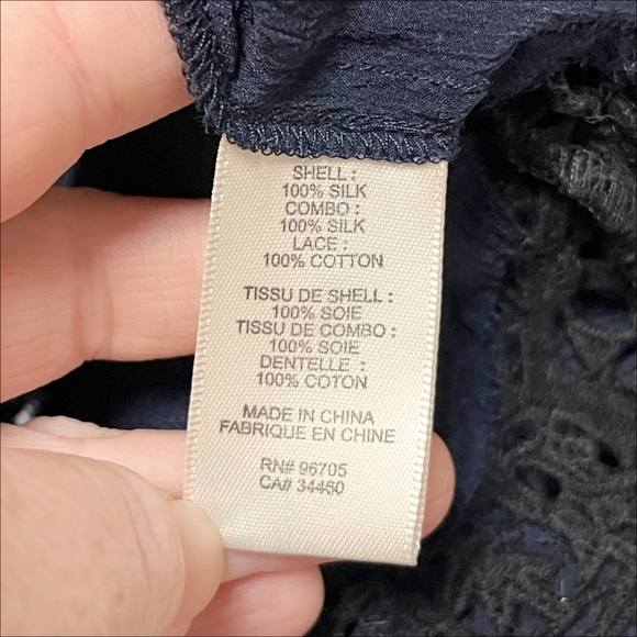Rebecca Taylor 100% Silk Clip Mix Top 6 navy blue black lace sheer puff sleeve - Picture 8 of 12